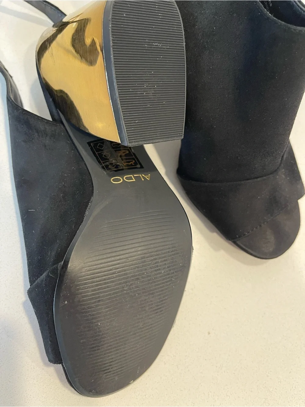 Aldo Black Suede Slingback Heels with Gold Geometric Block Heel size 5